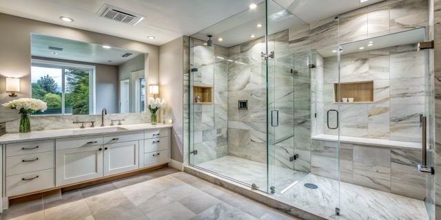 sleek modern bathroom features a spacious walk in shower with a frameless glass door, stainless steel handle, and walls clad in gleaming white marble tiles.